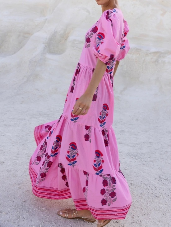 Oliphant Dresses & Skirts - OLIPHANT Boca Pink Puff Sleeve Maxi Dress Women's Size XL Rose Floral Print